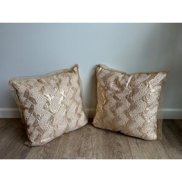 Set of 2 Handmade Satin Geometric Textured Champagne Throw Pillows - Picture 1 of 5